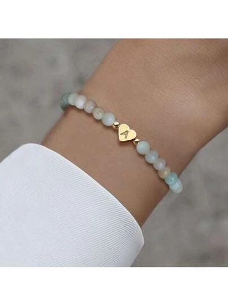 Nova pulseira clássica de A a Z com inicial de coração para mulheres, pulseira de contas de pedra para mulheres, joia para presente