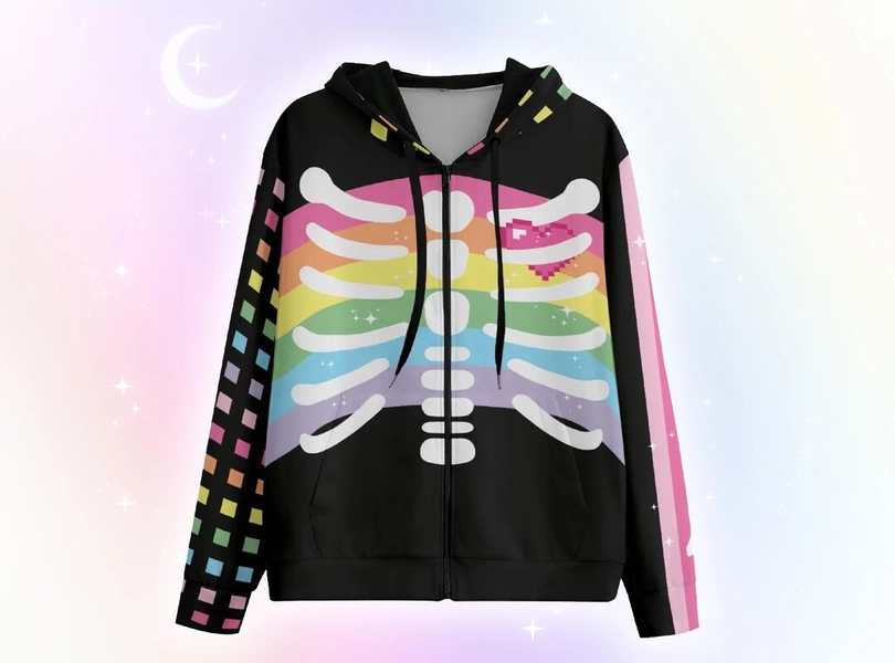 Harajuku Rainbow Skeleton Jacket, Pastel Goth Rib Cage Hoodie With Zipper, Cute Decora Kei Japanese Streetwear, Yami Kawaii Scenecore Hoody - Etsy
