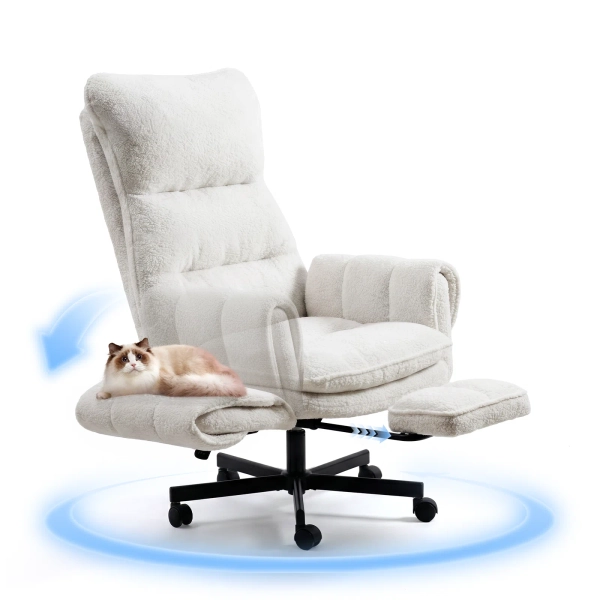 Big and Tall Office Chair, Flip Armrests for Pets & Cross Legged Sitting, Executive Ergonomic Computer Gaming Chair with Foot Rest, Teddy Fleece Wide Seat Reclining Desk Chair