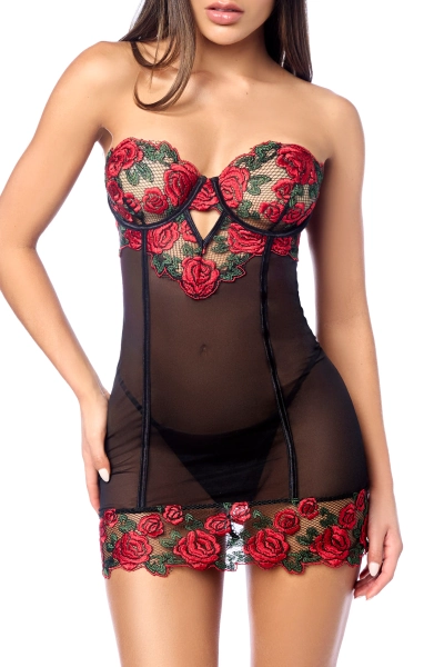 Embroidered Underwire Chemise & G-String Set