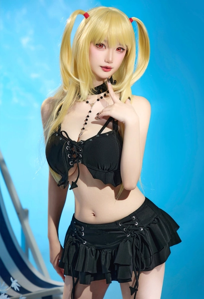 Misa Derivative Two-Piece Swimsuit Bikini Set Cross Lace-up Halter Top Skirt Bathing Suit with Cross Necklace Choker