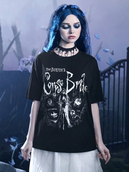 Corpse Bride | ROMWE Camiseta com estampa de slogan e figura, escola