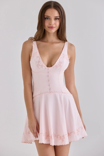 Sophine Pink Satin Custom Embroidered V-Neck Mini Dress - Limited Edition