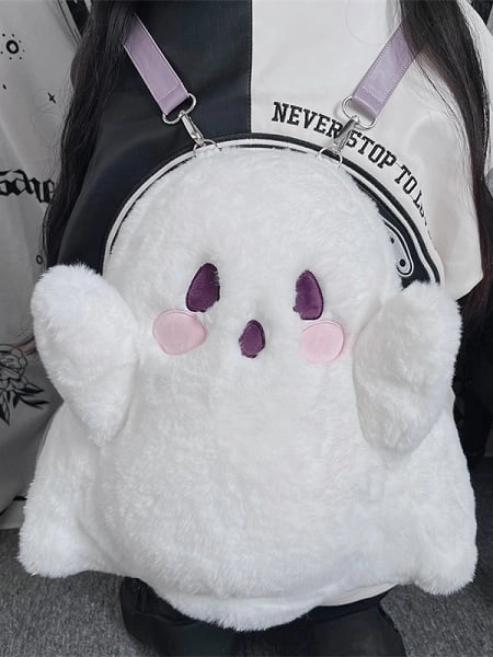 [$39.00]White Ghost Shaped Plush Backpack Large Size