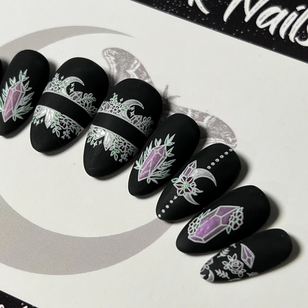 Crystal Moon Goth Press On Nails: Black Witchy Celestial False Nails