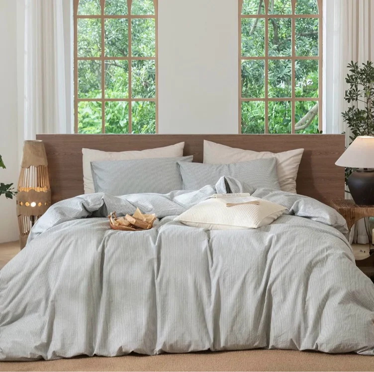 MooMee Striped Duvet Cover Set 100% Washed Cotton Linen Like Queen