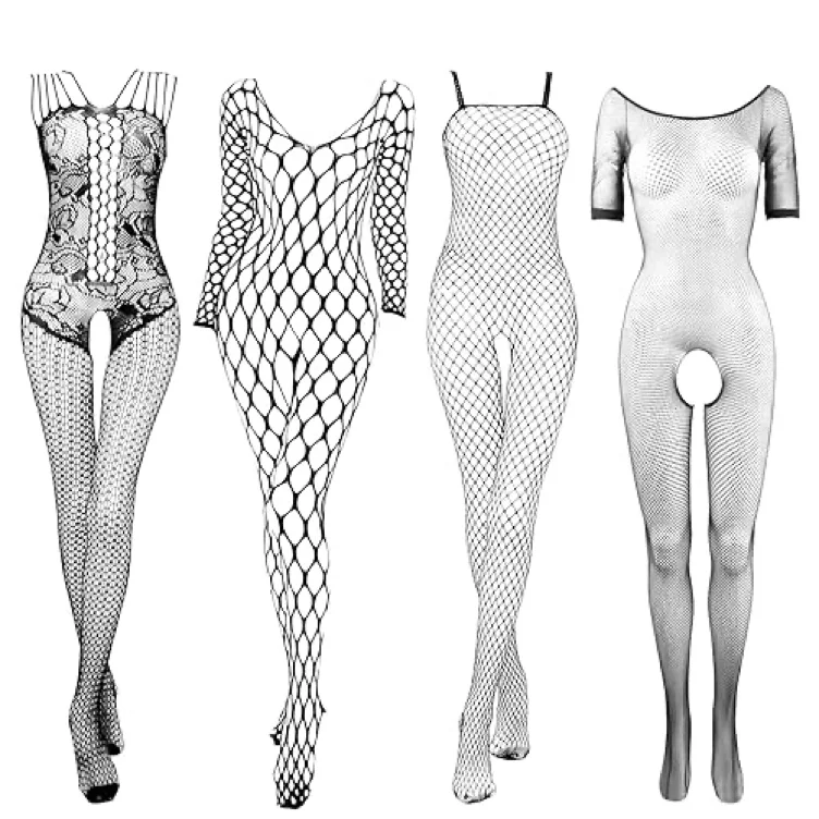 viiotu 4 Pack Women Fishnet Bodysuit Lingerie Set, Lace Mesh Teddy Sleepwear, Sexy Babydoll Outfits, Stretchy See Through Underwear, for Romantic Nights Black