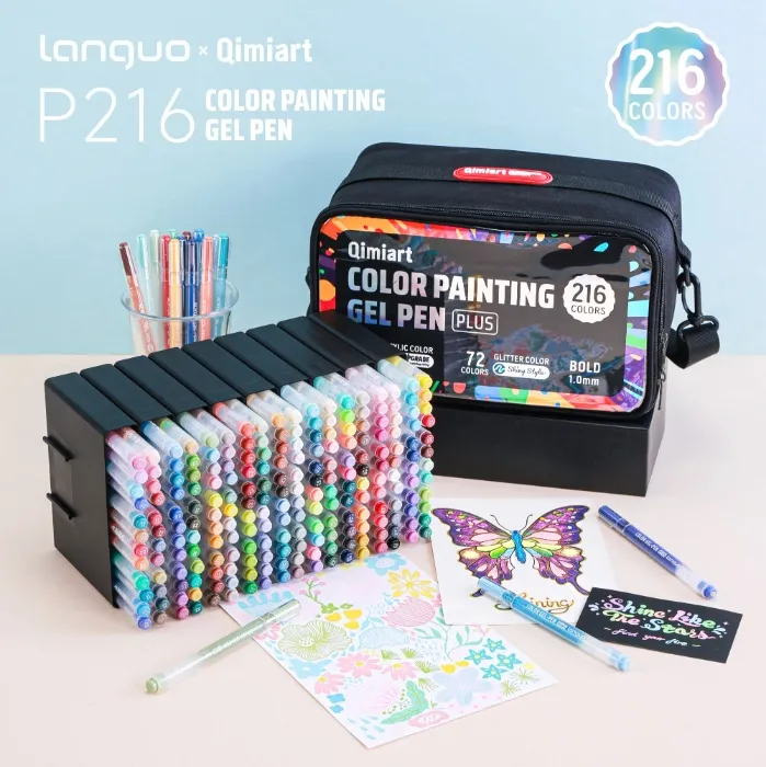 Languo x Qimiart 216 Colors Gel Pens, 144 Acrylic Colors + 72 Glitter Colors, 1.0mm Bold Tip