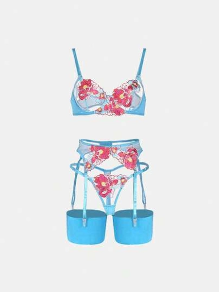 Embroidered Blue Mesh Set Of 3