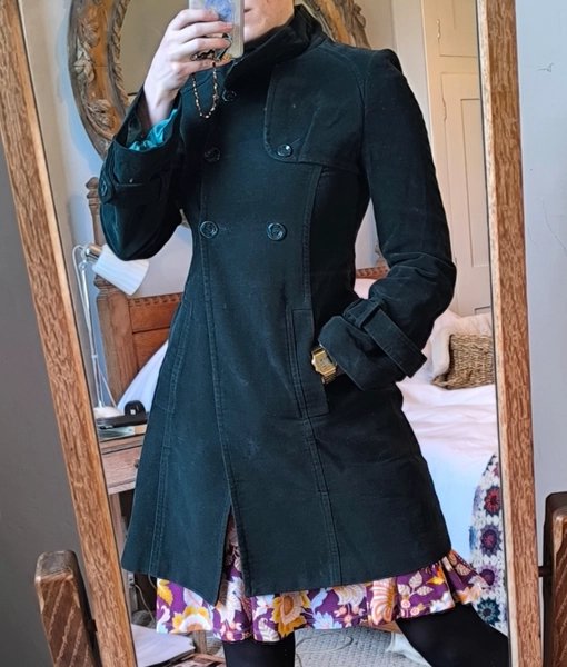 Vintage Guess Green Cotton Velvet Coat 8 Goth Steampunk Long Military