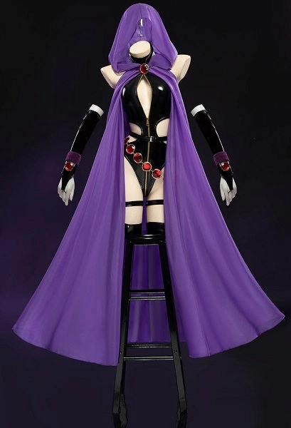 Gothic Black Halter Backless Bodysuit Cutout Leather Bodysuit with Hooded Cape and Belt