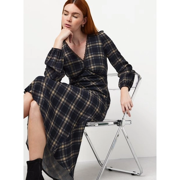 Buy Navy Check Tea Dress Lace Trim | Midaxi dresses | Tu