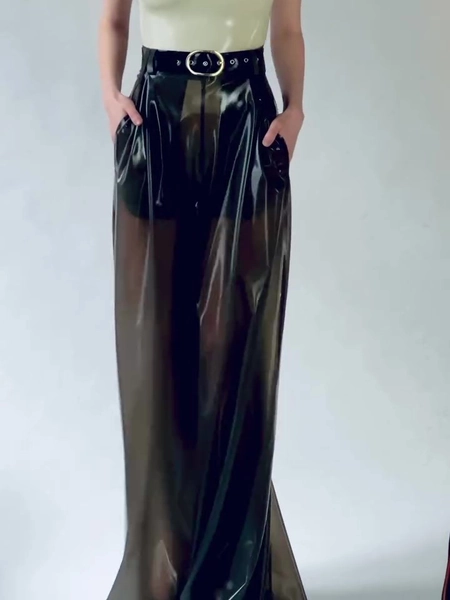 Black Glossy PVC Sheer High Waist Wide Leg Pants