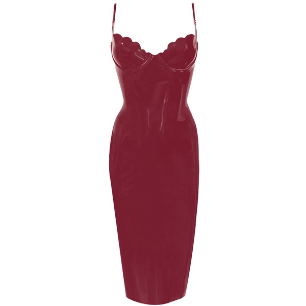 Latex Restricted Scallop Cup Pencil Dress in plum