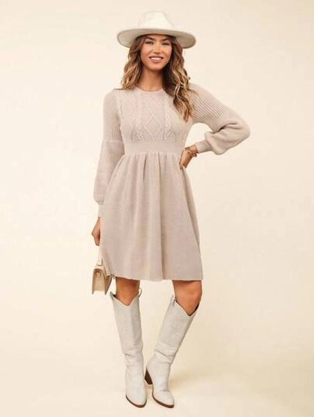 Coeurva Women Casual/Holiday Coarse Linen Patchwork A-Line Waisted Round Neck Long Sleeve Knit Dress, Autumn/Winter,Beige Women Sweater Dress,Back To School For Daily Wear,Fall Outfits,Commute,Minimalist,Office,Old Money,Simple,Teacher Clothes,Thanksgiving Women Outfit, Christmas Women Clothes,Super Warm And Soft!FW24,Fall Dress