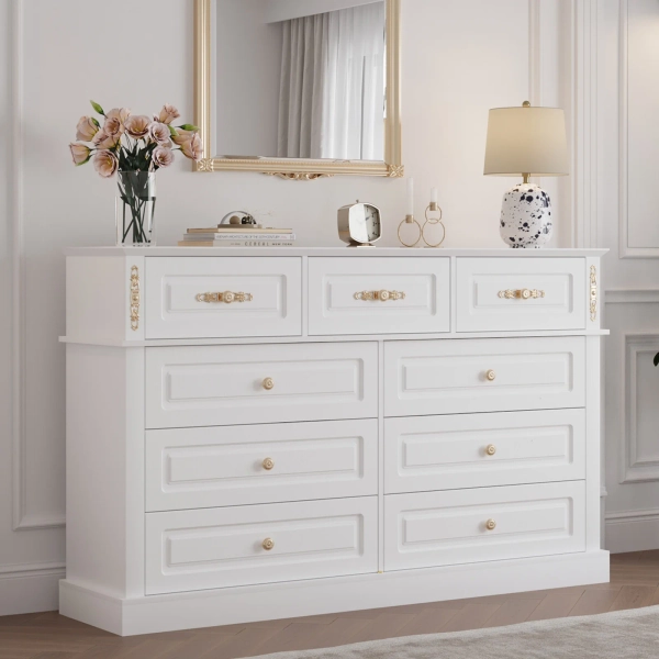 Extra Large 9 Drawers Dresser With Gold Knobs, 63" Wide Long Dresser For Bedroom