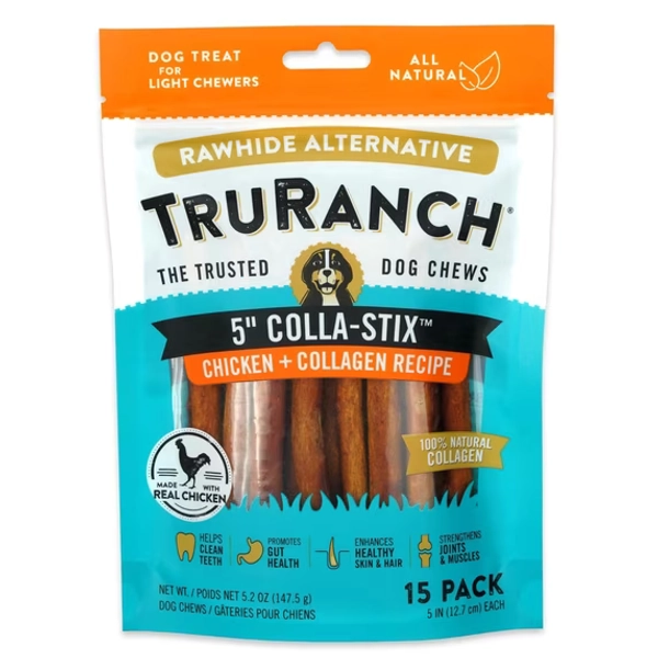 TRURANCH Collagen Sticks - 5" Collagen Sticks for Dogs - Long Lasting Healthy Joint Support Dog Treat - Rawhide Alternative - Skin & Coat Health - Made with Real Chicken, 1 Bag, 15 Count