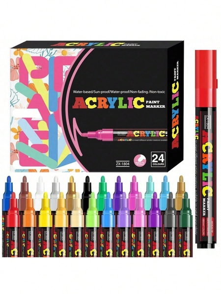 FLYSEA [Vivid Acrylic Marker Pen Set] 12/18/24 Pcs Vivid Acrylic Marker Pen Set - Medium (2-3mm) Marker Pens - For Rock Painting, Black Paper, Skateboard Decoration, Wood, Plastic, Canvas, Christmas Greetings Back To School
