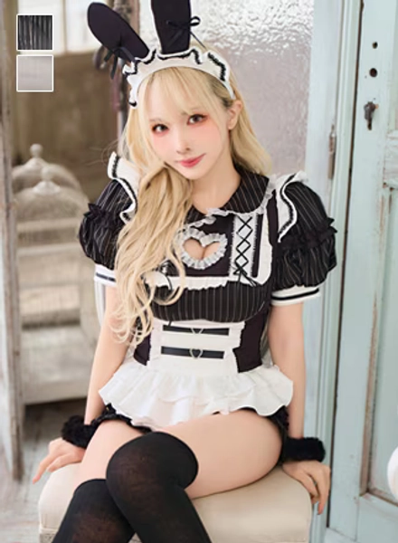 【即日発送】ラブストライプバニーメイド 《ハロウィンコスプレ7点セット》【Malymoon/マリームーン】【CS26066】 