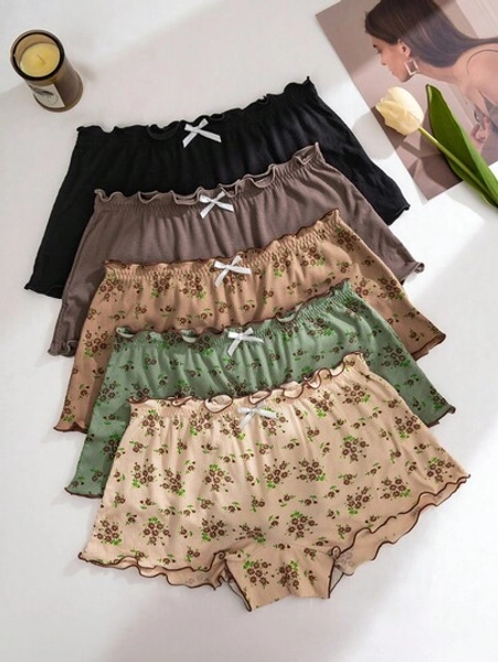 5pcs/Set Comfortable Floral Print Ruffle Trim Boyshort