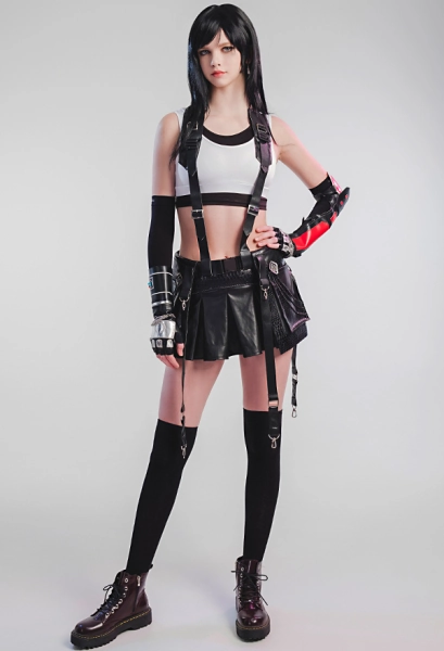 FF7 Remake Tifa Cosplay Costume Women Activewear Crop Top and Skirt with Gloves and Thigh Socks