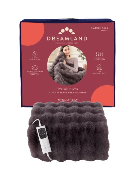 Dreamland Hygge Days Luxury Faux Fur Electric Throw, Grey