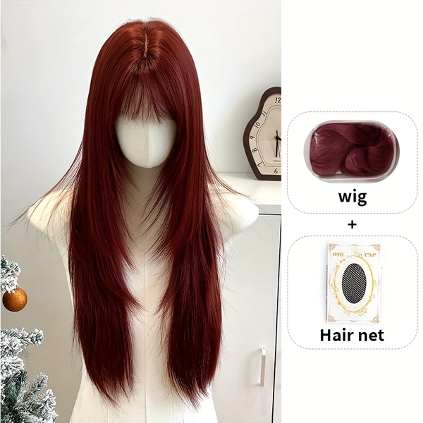 Mixed Set [Wig + Hair Net] 30-Inch Red Wig, Handcrafted with Stylish Layered Hairstyles, Made of High-Temperature Resistant Matte Fibers, Suitable for Everyday Wear