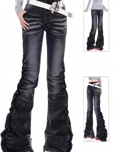 Black Low-waist Flare Jeans with Gathering Design