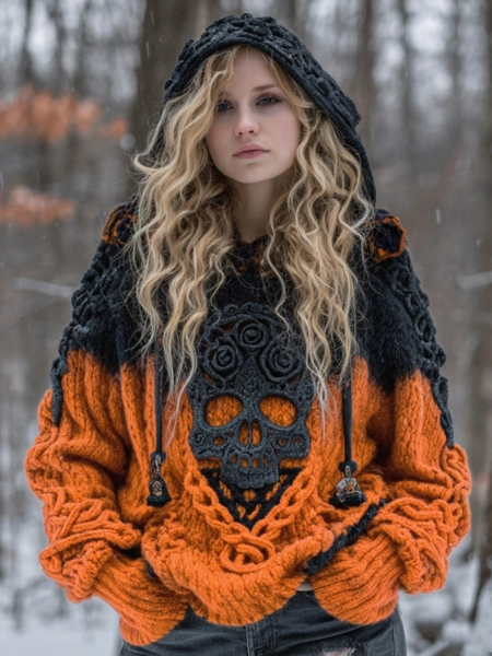 VChics Women's Vintage Viking Tribal Celtic Skull Gradient Art Chunky Knit Hooded Sweater