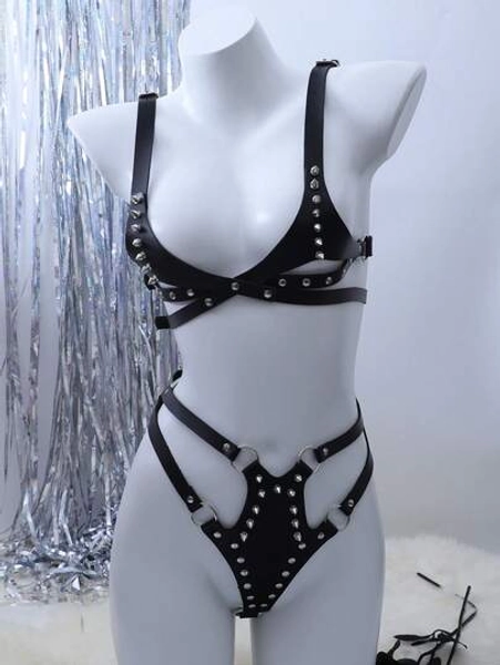 2pcs Women's Fashionable Sexy Leather Lingerie Set