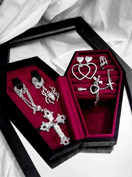 Gothic Coffin Jewelry Box with Velvet Interior Accessory Storage Organizer in Red/ Pink/ Blue