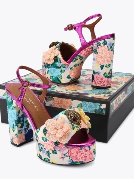 Kurt Geiger KENSINGTON Metallic Fuchsia Floral Beaded Platform Sandals 37