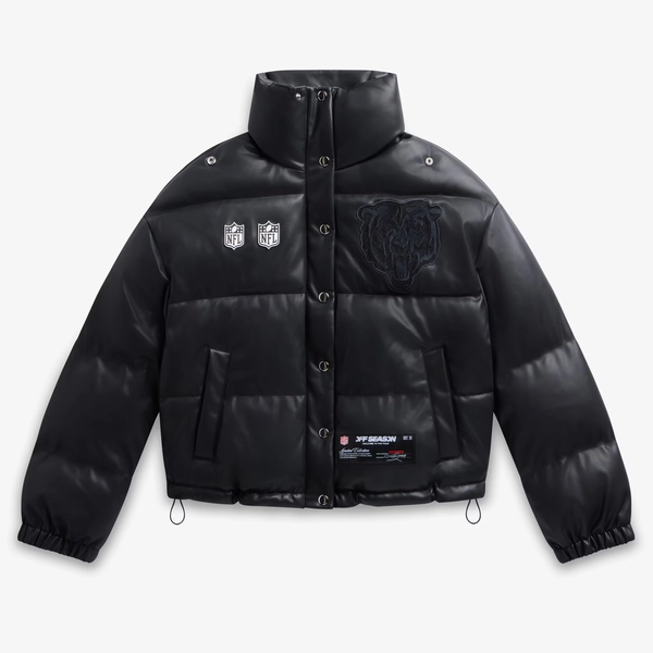 Women's  Black Chicago Bears Faux Leather Puffer Jacket