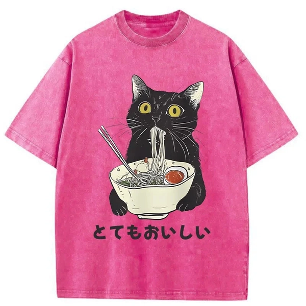 Tokyover Cats Eat Ramen Noodles Washed Unisex T-Shirt