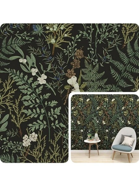 1 Roll Of Plant And Floral Self-Adhesive Wallpaper 17.7 Inches X 118 Inches Removable Dark Background With Green Leaves And White Flowers Perfect For Living Room Bedroom And Furniture Updates Fashionable Autumn Decoration Cute Room Decoration
