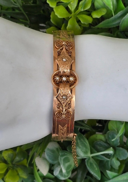 Brățară victoriană superbă, foarte rară, din aur de 14K, cu "seed pearls" naturale, :: Art-deco-arad