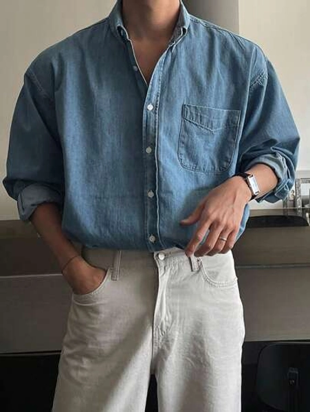 DAZY Men Patched Pocket Denim Shirt,Fall Clothes