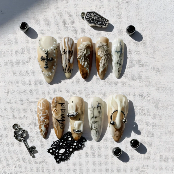 Handmade Brown & Ivory Press On Nails, Cross and Angel, Gothic Grunge
