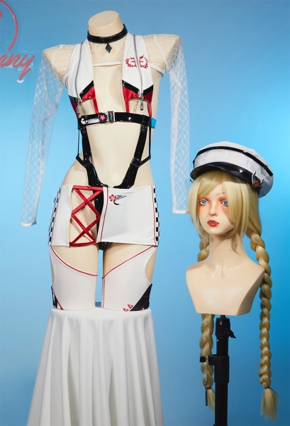 MOBBUNNY X DISHWASHER1910 Grid Girl Owari Derivative Sexy Lingerie Jumpsuit Set Cutout Bodysuit and Skirt with Mesh Top Hat