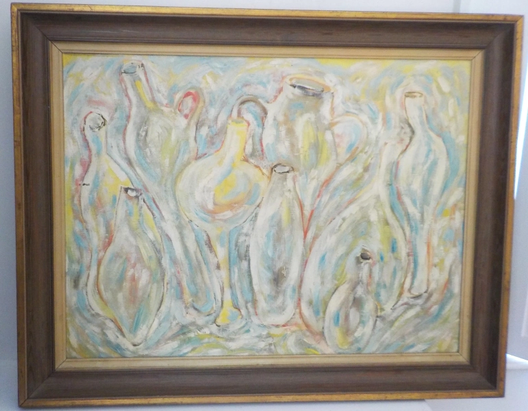 Vintage ABSTRACT Expressionism, Yellow Blue White , GLASS BOTTLES & Pottery, Large Original Painting , Framed c1960s, 22 1/4 x 28 1/4 in.