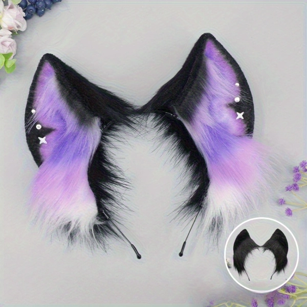TEMU Artificial Exquisite Plush Animal Ear Headband - Wolf Ear Role-playing Hair Accessory, Starry Sky Theme, No Power Needed, No Feathers - Unique