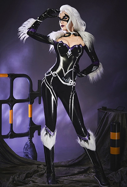 Rival Girl Black Cat Cosplay Costume Bodysuit with Gloves and Domino Mask