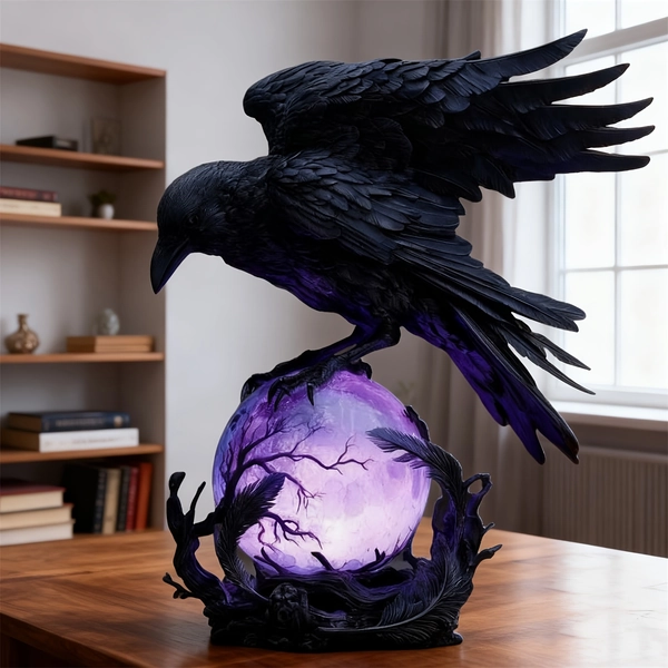Gothic Resin Raven Statue on Orb | Outdoor Moonlight for Christmas & Year-Round Decor, Unique Gift for Gothic Collectors, Book Lovers & for halloween Enthusiasts, Non-Electric