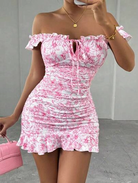 Mistrie Vestido con estampado floral retro, hombros descubiertos y dobladillo fruncido para mujer