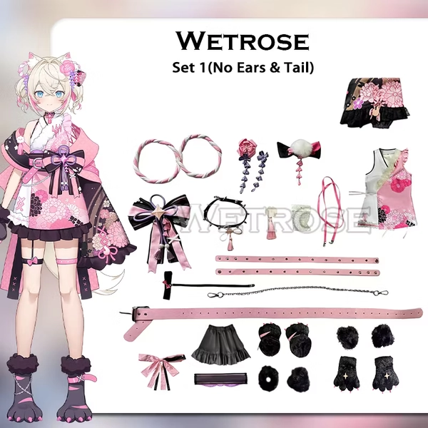 [Wetrose] In Stock Hololive Fuwawa Mococo Kimono Cosplay Costume Wig Tail Ears Full Set