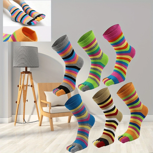 TEMU 6 Pack Women Toe Socks, Five-finger Socks Women's Thread Middle Tube Color Finger Socks