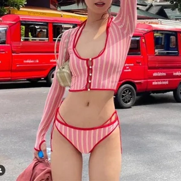 Set: Long-Sleeve Striped Swim Top + Bikini Top + Bottom