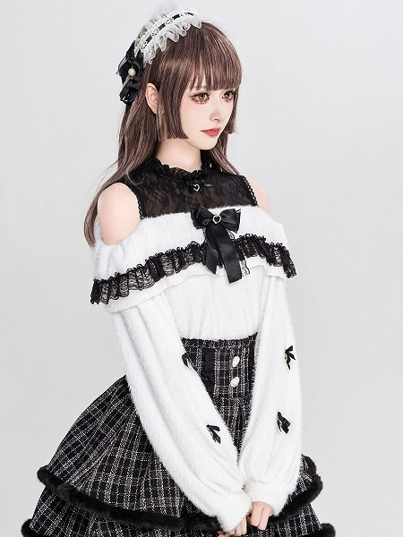 [$43.00]Jirai Kei Open Shoulders White Long Sleeves Sweater