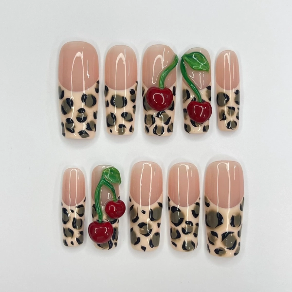 Leopard Print With Cherry Long Square Press On Nail, Custom Design Nail Art, Fake Nail for Birthday, Holiday Nail, Gift For Her