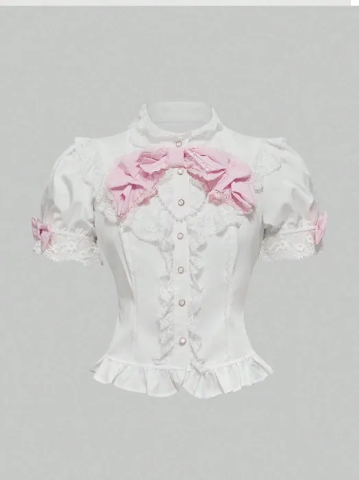 Cute Button Shirt White & Pink WITH BOWS